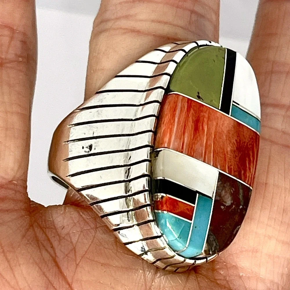 BIG Turquoise Multi Stone Inlay Mens Ring Sz 13 Navajo Sterling Signed Jack 34mm